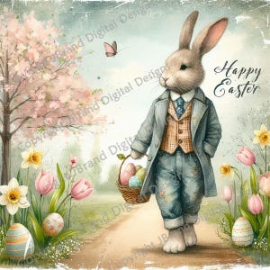 Vintage Boy Easter Rabbit Digital Image, Farm, Country, Digital Download, Printable, Decoupage, Sublimacja, Wall Art, Supplies