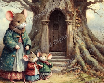 Vintage Mouse Family Tree House Image, Printable Wall Art (Digital Download)