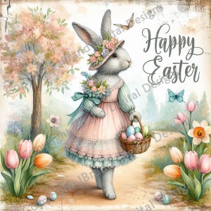 Vintage Lady Easter Rabbit Cyfrowy obraz, Farma, Kraj, Pobieranie cyfrowe, Do druku, Dekupaż, Sublimacja, Sztuka ścienna, Materiały