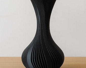 Modern Black 3D Printed Vase: Minimalist Twist Flow Decor