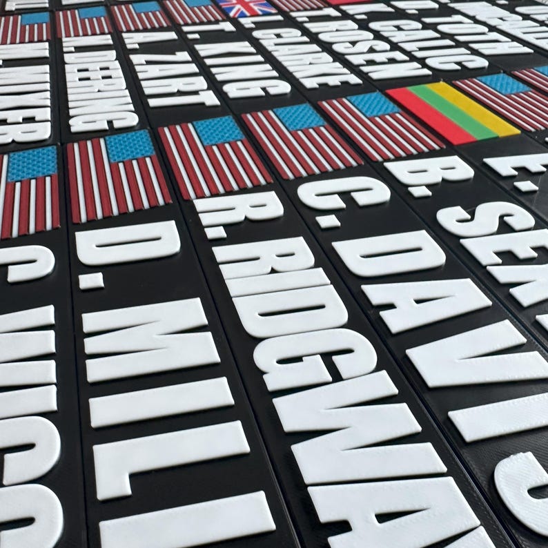 May include: A collection of black rectangular plaques with white raised lettering and colorful flags. The flags include the American flag, the British flag, and the Lithuanian flag. The names are in white, and the overall design is a 3D effect.