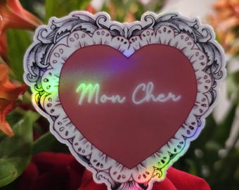 Mon Cher Sticker - Heart, Water Resistant Vinyl (3 x 1.97 in)