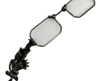 Antique Victorian Silver Lorgnette Folding Opera Glasses Marcasite Floral Handle
