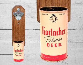 Wall Mounted Bottle Opener with Vintage Horlacher Beer Can Cap Catcher - Pennsylvania Brewery Gift for Guys