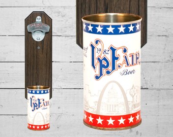 St Louis Bottle Opener with Vintage 1982 VP Fair Beer Can Cap Catcher