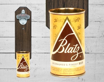Blatz väggmonterad flasköppnare med vintage ölburkfångare