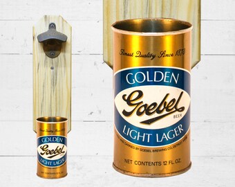Goebel väggmonterad flasköppnare med vintage ölburkfångare
