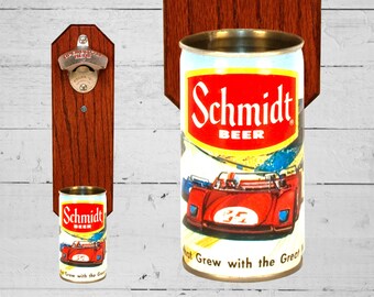 Boyfriend Gift Racecar Bottle Opener with Vintage Schmidt Beer Can Cap Catcher - Car Gift for Groomsmen Guys Dad