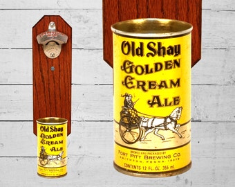 Father's Day Gift Old Shay Wall Mount Bottle Opener with Vintage Golden Cream Ale Beer Can Cap Catcher - Great Gift for Groomsmen