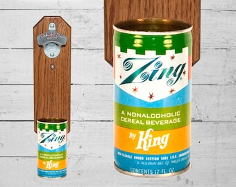 Zing Wall Mounted Bottle Opener with Vintage Heileman Zing by King Beer Can Cap Catcher - Father's Day Gift for Guys