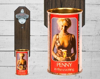 Wall Mounted Bottle Opener with Vintage Tennent's Beer Can Cap Catcher Penny in the Evening- Great Gift for Guys