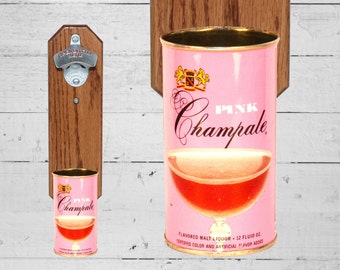 Väggmonterad ölflasköppnare med vintagerosa champagnefärgad ölburkfångare - Bröllopspresentidé