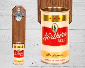 Valentines Gift Northern Wall Mounted Bottle Opener with Vintage Beer Can Cap Catcher, Gift for Dad