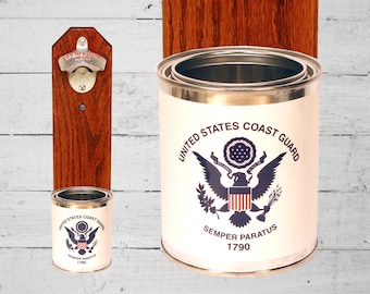 United States Coast Guard Wall Mounted Bottle Opener with US Military Tin Can Cap Catcher - Beer Bottle Opener - Gift for Guy