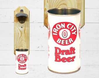 Christmas Gift Iron City Wall Mounted Bottle Opener with Vintage Draft Beer Can Cap Catcher