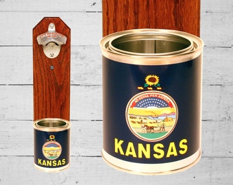 Kansas Wall Mounted Bottle Opener with State Flag Bottle Cap Catcher - Beer Bottle Opener - Groomsmen and Housewarming Gift