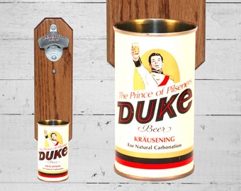 Man Cave Gift Duke Beer Bottle Opener with Vintage Prince of Pilsener Beer Can Cap Catcher - Gift For Guy
