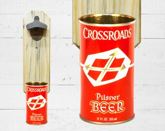 Crossroads Beer Wall Mounted Bottle Opener with Vintage Pilsner Beer Can Cap Catcher - Bar Accessory Gift for Groomsmen