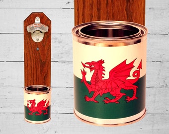 Wales Flag Beer Bottle Opener with Wall Mounted Welsh Cap Catcher - Mancave Gift for Guy - Housewarming Gift