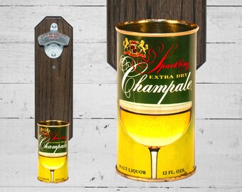 Väggmonterad ölflasköppnare med vintagerosa champagnefärgad ölburkfångare - Bröllopspresentidé