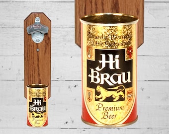 Craft Beer Gift Wall Mounted Bottle Opener with Vintage Hi Brau Beer Can Cap Catcher - Gift for Dad Grad Groomsmen