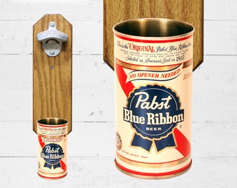 Home Brew Barware Pabst Blue Ribbon Wall Mounted Bottle Opener with Vintage PBR Beer Can Cap Catcher - Man Cave Idea