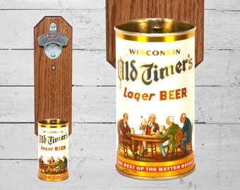 Väggmonterad flasköppnare med vintage Wisconsin Old Timer lagerölburkfångare