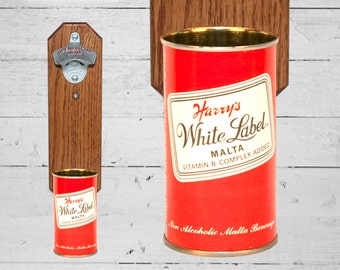 Harry's White Label Wall Mount Bottle Opener with Vintage Beer Can Cap Catcher, Great Gift for Guy