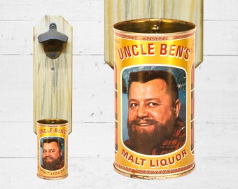 Man Cave Gift for Guy Wall Mounted Bottle Opener with Vintage Uncle Ben's Malt Liquor Beer Can Capcatcher - Christmas Gift for Guy