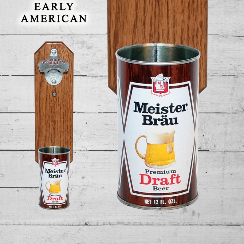 Meister Brau Wall Mounted Bottle Opener With Vintage Beer Can Cap Catcher