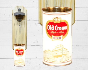 Old Crown Bottle Opener with Vintage Wall Mounted Beer Can Cap Catcher