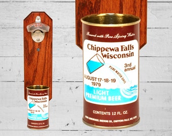 Wall Mounted Bottle Opener with Vintage Chippewa Falls Beer Can Cap Catcher 1979 Pure Water Days