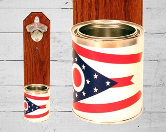 Ohio Wall Mounted Bottle Opener with State Flag Bottle Cap Catcher - Beer Bottle Opener - Groomsmen and Housewarming Gift