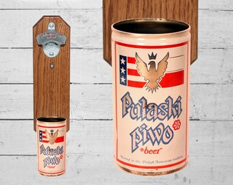 Pulaski Piwo Wall Mounted Bottle Opener with Vintage Polish Beer Can Cap Catcher - Poland