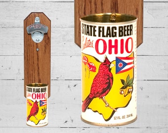 Bar Gift Ohio State Flag Bottle Opener with Vintage Wall Mounted Beer Can Cap Catcher - Groomsmen Gift