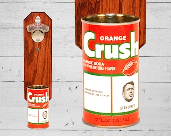 Denver Broncos flasköppnare med vintage orange Crush Bronco burklock fångare Stan Jones