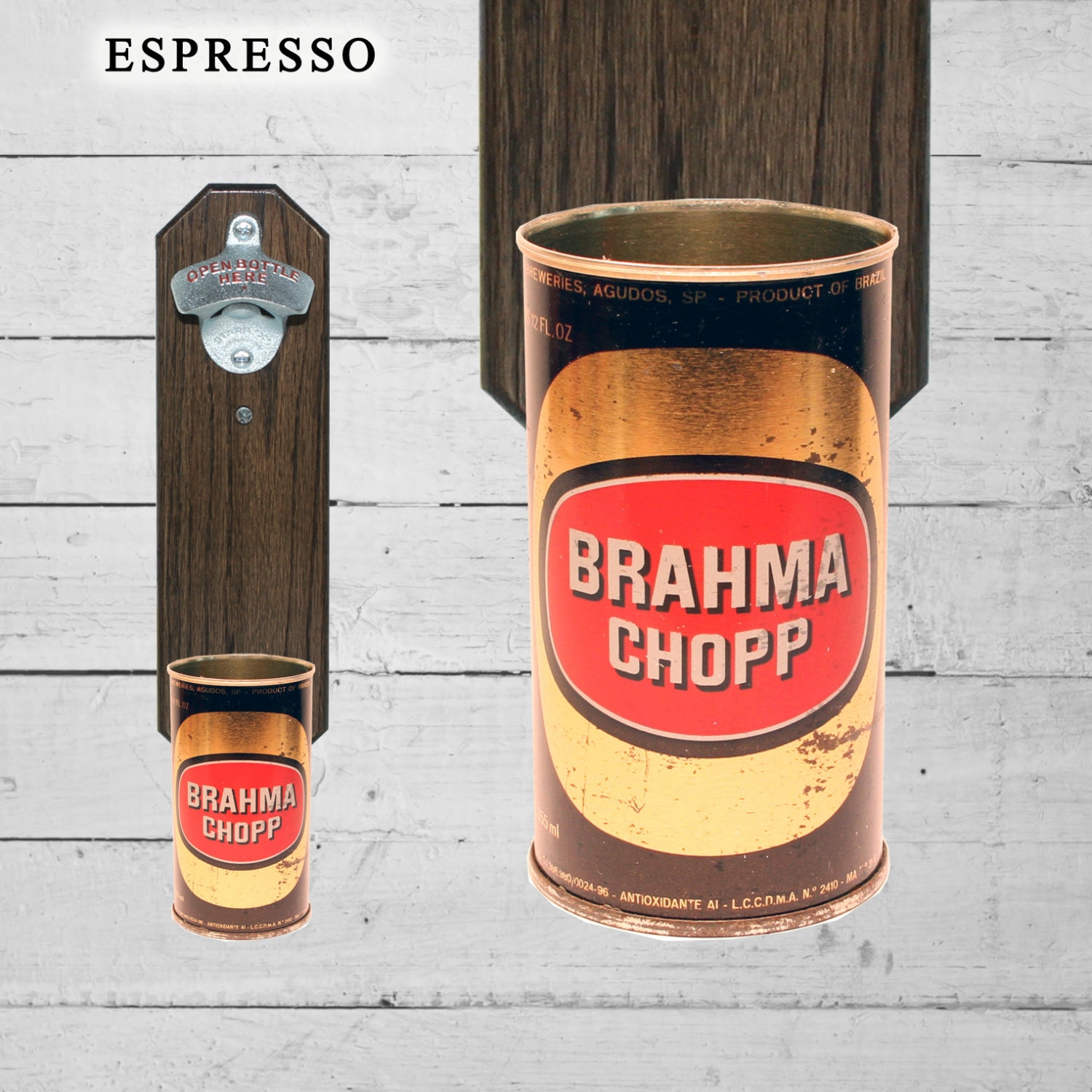 Brahma Wall Mounted Bottle Opener with Vintage Brazil Beer Can Cap Catcher - Gift for Guy