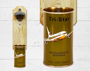 Tri Star Airline Wall Mounted Bottle Opener with Vintage Beer Can Cap Catcher - Gift for Pilots or Groomsmen