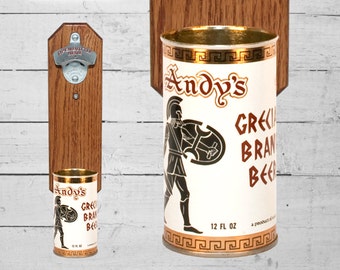 Under 50 Gift Andy's Grecian Brand Beer Bottle Opener with Vintage Wall Mounted Beer Can Cap Catcher - Great Gift for Groomsmen