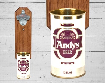 Andy's Beer Bottle Opener with Vintage Wall Mounted Beer Can Cap Catcher - Gift for Groomsmen