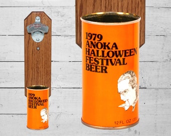 Wall Mounted Bottle Opener with Vintage 1979 Anoka Halloween Festival Beer Can Cap Catcher