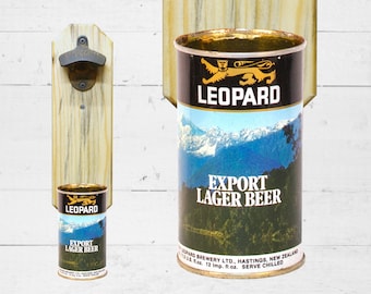 Leopard Wall Mounted Bottle Opener with Vintage Export Strong Beer Can Cap Catcher - Groomsmen Gift