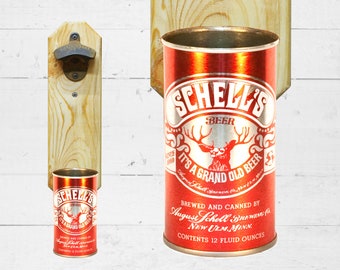 Schell's Wall Mounted Bottle Opener with Vintage Grand Old Beer Can Cap Catcher - Best Man Gift