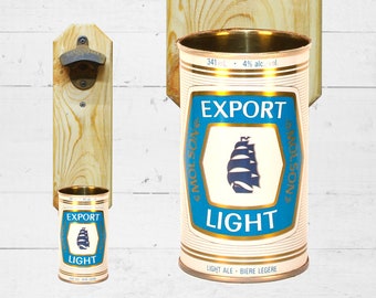 Molson flasköppnare med vintage kanadensisk exporterad lättölsburklockfångare
