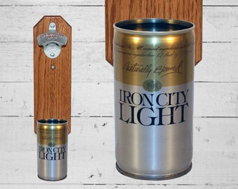 Iron City Light Wall Mounted Bottle Opener with Vintage Beer Can Cap Catcher