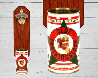 Wall Mounted Bottle Opener with Vintage Old Frothingslosh Beer Can Cap Catcher - Groomsman Gift