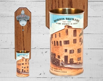 Morris Brewery flasköppnare med vintage Philadelphia ölburkfångare