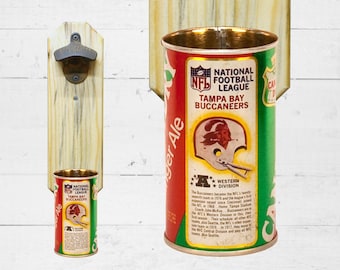 Tampa Bay Buccaneers Wall Mounted Bottle Opener with Vintage Canada Dry Bucs Pop Can Cap Catcher - Gift for Him