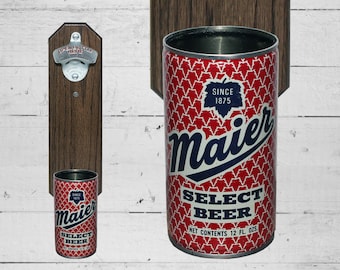 Wall Mounted Bottle Opener with Vintage Maier Beer Can Cap Catcher