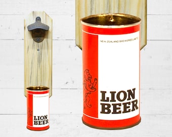 Lion New Zealand Wall Mounted Bottle Opener with Vintage Beer Can Cap Catcher